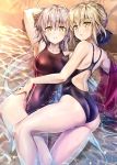  2girls artoria_pendragon_(all) ass beach black_bow black_swimsuit blonde_hair bow braid breasts commentary_request competition_swimsuit covered_navel cowboy_shot crown_braid fate/grand_order fate/stay_night fate_(series) hair_bow jeanne_d&#039;arc_(alter)_(fate) jeanne_d&#039;arc_(fate)_(all) kotatsu_(kotatsu358) large_breasts long_hair looking_at_viewer lying multiple_girls one-piece_swimsuit saber_alter sand silver_hair swimsuit water waves yellow_eyes 