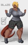  2019 absurd_res anthro big_breasts blaze bottomwear breasts clothing dkdevil female footwear hi_res hoodie muscular open_mouth sharp_teeth shoes shorts solo teeth topwear 