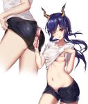  1girl :d arknights ass bandaid bandaids_on_nipples bangs black_shorts blue_hair breasts ch&#039;en_(arknights) eyebrows_visible_through_hair hair_between_eyes handheld_fan highres holding horns long_hair looking_at_viewer multiple_views open_fly open_mouth pasties red_eyes shirt shirt_lift shorts sidelocks simple_background smile white_background white_shirt yusan 