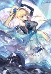  1girl bangs bare_shoulders blonde_hair blue_dres blue_eyes blue_flower blue_gloves blue_rose blush breasts craft_essence dress elbow_gloves eyebrows_visible_through_hair fate/apocrypha fate_(series) floating_hair flower gloves holding jeanne_d&#039;arc_(fate) jeanne_d&#039;arc_(fate)_(all) jewelry kousaki_rui large_breasts layered_dress long_hair looking_at_viewer necklace ponytail rose see-through shawl sleeveless sleeveless_dress smile solo tiara very_long_hair wind 