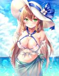  1girl bare_shoulders bikini blue_ribbon blue_sky blush breasts brown_hair caustics cleavage closed_mouth cloud cloudy_sky collarbone commentary_request criss-cross_halter day front-tie_top girls_frontline green_eyes halterneck hand_up hat hat_ribbon hinaki_(hinaki_0102) large_breasts long_hair looking_at_viewer m1903_springfield_(girls_frontline) navel o-ring o-ring_bikini o-ring_top off_shoulder outdoors ribbon sarong shirt sky smile solo standing stomach sun_hat sunlight swimsuit thighs very_long_hair water white_bikini white_headwear white_shirt 