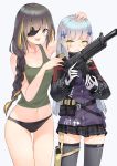  2girls assault_rifle bangs black_panties black_skirt blunt_bangs blush braid breasts cleavage collarbone eyebrows_visible_through_hair eyepatch facial_mark girls_frontline green_eyes gun hair_ornament highres hk416_(girls_frontline) holding holding_gun holding_weapon jacket lee_seok_ho long_hair long_sleeves m16a1_(girls_frontline) multicolored_hair multiple_girls panties pleated_skirt pouch rifle scar scar_across_eye simple_background skirt streaked_hair tank_top thighhighs underwear wavy_mouth weapon 