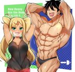  1boy 1girl :d abs armpits arms_behind_head arms_up bare_arms bare_shoulders black_hair black_swimsuit black_tank_top blonde_hair blush breasts closed_eyes collarbone commentary_request danberu_nan_kiro_moteru? fang flexing green_eyes gyaru halftone halftone_background large_breasts long_hair looking_at_viewer machio_naruzou male_swimwear muscle navel neshia_(tsaqif0309) open_mouth pectorals pose sakura_hibiki_(danberu_nan_kiro_moteru?) shiny shiny_hair shirtless small_nipples smile standing sweat swim_briefs swimsuit swimwear tank_top twintails very_long_hair 