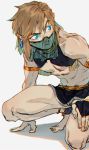  1boy abs arabian_clothes armlet barefoot blonde_hair blue_eyes bridal_gauntlets crossdressing gerudo_link gloves jewelry link looking_to_the_side male_focus mcbuckwheat nipples pointy_ears see-through solo squatting the_legend_of_zelda the_legend_of_zelda:_breath_of_the_wild toned toned_male veil 