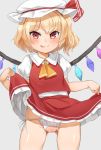  1girl :p ass_visible_through_thighs bangs blonde_hair blush bow closed_mouth collared_shirt commentary_request crotchless_panties crystal eyebrows_visible_through_hair flandre_scarlet frilled_skirt frills grey_background hat hat_bow highres lifted_by_self mob_cap nishiuri one_side_up panties puffy_short_sleeves puffy_sleeves pussy red_bow red_eyes red_skirt red_vest shirt short_sleeves side-tie_panties simple_background skirt skirt_lift smile solo sweat tongue tongue_out touhou underwear v-shaped_eyebrows vest white_headwear white_panties white_shirt wings 