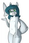  2016 anthro atherol blue_hair braces breasts cub digital_media_(artwork) eyewear female fin fish flat_chested glasses great_white_shark green_eyes hair hi_res lamnid lamniform mammal marine navel nipples nude priscilla_fang pussy requiem_shark shark simple_background smile solo young 