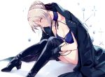  1girl artoria_pendragon_(all) artoria_pendragon_(swimsuit_rider_alter) bk201 black_gloves black_jacket black_ribbon blonde_hair boots braid breasts cleavage closed_mouth collar commentary_request fate/grand_order fate_(series) french_braid frilled_bikini_top frilled_collar frills gloves hair_bun jacket open_clothes open_jacket panties panty_pull ribbon saber_alter swimsuit thigh_boots thighhighs underwear white_background yellow_eyes 