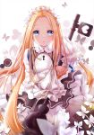  1girl abigail_williams_(fate/grand_order) bangs black_dress blonde_hair blue_eyes blush braid butterfly_hair_ornament dress eyebrows_visible_through_hair fate/grand_order fate_(series) forehead hair_bun hair_ornament hand_up heart heroic_spirit_chaldea_park_outfit highres keyhole long_hair long_sleeves looking_at_viewer mutang parted_bangs parted_lips shirt sidelocks sleeveless sleeveless_dress sleeves_past_fingers sleeves_past_wrists solo stuffed_animal stuffed_toy teddy_bear very_long_hair white_background white_shirt 