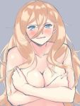 1girl blonde_hair blue_eyes blush breasts clenched_teeth covering covering_breasts grey_background hair_between_eyes highres kantai_collection large_breasts long_hair looking_at_viewer mole mole_under_eye mole_under_mouth nose_blush nude richelieu_(kantai_collection) shingyo simple_background solo teeth upper_body 