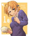  1girl bangs black_bow blue_eyes blue_sweater bow braid commentary countdown cowboy_shot cup dress_shirt eyebrows_visible_through_hair finger_to_mouth girls_und_panzer hair_bow half-closed_eyes highres holding holding_cup light_smile long_sleeves looking_at_viewer looking_down orange_background orange_hair orange_pekoe outside_border parted_bangs parted_lips school_uniform shio_nizumu shirt short_hair shushing solo st._gloriana&#039;s_school_uniform standing sweater teacup tied_hair twin_braids twitter_username v-neck white_shirt wing_collar 