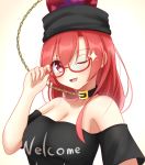  1girl ;d bangs bare_shoulders beige_background bespectacled black_choker black_shirt blush breasts chain choker cleavage clothes_writing collarbone commentary_request eyebrows_visible_through_hair glasses gradient gradient_background hair_between_eyes hecatia_lapislazuli highres large_breasts long_hair looking_at_viewer musteflott419 off-shoulder_shirt off_shoulder one_eye_closed open_mouth polos_crown red-framed_eyewear red_eyes red_hair shirt short_sleeves sidelocks smile solo sparkle t-shirt touhou upper_body white_background 