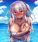  1girl asymmetrical_hair bikini bikini_tan blue_bikini blue_sky blush braid breasts cameltoe collarbone day embarrassed hair_between_eyes highres large_breasts long_hair looking_at_viewer mizunoe_kotaru nose_blush ocean orignal outdoors red_eyes side-tie_bikini side_braid silver_hair single_braid sky solo standing swimsuit tan tanline untied untied_bikini wading wardrobe_malfunction water wet 