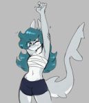  anthro atherol blue_hair clothed clothing digital_media_(artwork) eyes_closed eyewear female fin fish glasses great_white_shark hair lamnid lamniform mammal marine priscilla_fang requiem_shark shark simple_background smile solo stretching 