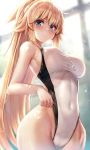 1girl adjusting_clothes adjusting_swimsuit bangs blonde_hair blue_eyes blurry blush bokeh breasts cameltoe collarbone covered_navel cowboy_shot day depth_of_field eyebrows_visible_through_hair fate/grand_order fate_(series) hair_between_eyes hairband hand_on_own_thigh highres indoors jeanne_d&#039;arc_(fate)_(all) jeanne_d&#039;arc_(swimsuit_archer) large_breasts long_hair looking_at_viewer motokonut parted_lips ponytail sidelocks smile solo swimsuit very_long_hair wet wet_clothes whistle whistle_around_neck white_swimsuit 