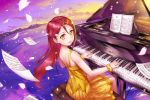  1girl closed_mouth crazypen floating_hair hair_between_eyes highres instrument long_hair looking_at_viewer love_live! love_live!_sunshine!! miniskirt music playing_instrument playing_piano red_hair sakurauchi_riko scrunchie shiny shiny_hair shirt sitting skirt sleeveless sleeveless_shirt smile solo very_long_hair wrist_scrunchie yellow_eyes yellow_scrunchie yellow_shirt yellow_skirt 