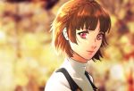  1girl bangs blurry blurry_background braid brown_hair closed_mouth crown_braid esther eyebrows_visible_through_hair looking_at_viewer niijima_makoto persona persona_5 portrait red_eyes short_hair smile solo turtleneck 