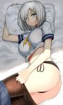  1girl absurdres ass black_panties blue_eyes blue_skirt blush breasts hair_over_one_eye hamakaze_(kantai_collection) highres kantai_collection large_breasts looking_at_viewer lying on_bed on_pillow on_side panties pantyhose pantyhose_pull pillow school_uniform serafuku short_hair short_sleeves side-tie_panties silver_hair skirt skirt_pull solo suzuharu_toufu underwear 