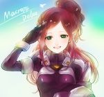  1girl :d artist_name bangs blue_background bodysuit copyright_name earrings floating_hair gradient gradient_background green_eyes helmet holding holding_helmet jewelry kimidori_(kimidoriri) long_hair looking_at_viewer macross macross_delta mirage_farina_jenius open_mouth parted_bangs pointy_ears ponytail purple_bodysuit red_hair sketch smile solo upper_body white_background 
