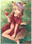  1girl animal_ear_fluff animal_ears apple brown_eyes brown_hair coat fang flower_wreath food fruit grass head_wreath highres looking_at_viewer medium_hair naked_coat open_mouth original red_coat sitting sitting_on_ground sonika_(artist) tail wariza wolf_ears wolf_tail 