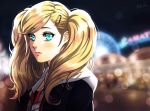  1girl bangs blonde_hair blue_eyes blurry blurry_background blush cardigan esther hair_ornament hairclip hood hood_down hooded_cardigan long_hair looking_at_viewer night open_cardigan open_clothes outdoors persona persona_5 solo swept_bangs takamaki_anne upper_body 