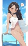  1girl absurdres bare_arms bare_shoulders black_hair blue_sky blush brown_eyes cloba cloud commentary dark_skin day dress ear_clip fang grin groin hair_ornament hairclip highres ijiranaide_nagatoro-san leaning_on_rail long_hair looking_at_viewer nagatoro navel no_panties outdoors railing raised_eyebrow see-through signature sky smile solo spoken_blush stomach sundress teeth white_dress wind wind_lift 
