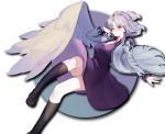  1girl absurdres arm_up bangs black_footwear black_legwear blush braid breasts circle cleavage dress feathered_wings feet_out_of_frame french_braid grey_jacket half_updo hand_in_hair heoningu highres jacket kishin_sagume kneehighs large_breasts loafers long_sleeves looking_at_viewer open_clothes open_jacket parted_lips purple_dress red_eyes shoes short_hair silver_hair simple_background single_wing solo thighs touhou white_background white_wings wing_collar wings 