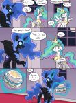  2018 absurd_res cake comic dialogue duo eating english_text equid female feral food friendship_is_magic hair halloween hi_res holidays horn inanimate_object inanimate_transformation magic mammal multicolored_hair my_little_pony night nightmare_moon_(mlp) princess_celestia_(mlp) skitterpone surprise text transformation vore winged_unicorn wings 