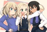  3girls andou_(girls_und_panzer) bangs barashiya bc_freedom_school_uniform belt black_hair blonde_hair blue_eyes blush brown_eyes cellphone dark_skin drill_hair food girls_und_panzer green_eyes hand_on_hip long_hair long_sleeves macaron marie_(girls_und_panzer) medium_hair messy_hair multiple_girls necktie open_mouth oshida_(girls_und_panzer) phone pleated_skirt school_uniform simple_background skirt smartphone smile sweater sweater_around_neck taking_picture v 