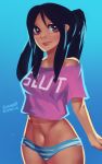  1girl artist_name backlighting black_hair blue_background blue_panties breasts clothes_writing commission crop_top fuck-me_shirt highres jill_stingray long_hair meme_attire navel no_pants panties pink_shirt profanity purple_hair shirt solo standing striped striped_panties sunset_nivaris t-shirt twintails underwear va-11_hall-a 