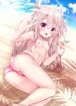  1girl bangs bare_legs beach bikini_bottom blue_sky blush breasts cameltoe cloud cloudy_sky collarbone commentary_request day dutch_angle eyebrows_visible_through_hair fate/kaleid_liner_prisma_illya fate_(series) feathers feet_out_of_frame fingernails hair_between_eyes hair_feathers hands_up heart heart_in_eye highres holding holding_syringe horizon illyasviel_von_einzbern light_brown_hair long_hair lying nipples ocean on_ground on_side open_mouth outdoors pink_bikini_bottom pink_feathers red_eyes sand shaian sidelocks sky small_breasts solo symbol_in_eye syringe topless two_side_up v very_long_hair water 