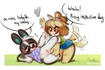  &lt;3 2019 animal_crossing anthro blush bodily_fluids bottomless breasts canid canine canis clothed clothing domestic_dog domestic_rabbit dotty_(animal_crossing) duo dutch_rabbit embarrassed english_text female fur hair holding_down isabelle_(animal_crossing) lagomorph leporid licking licking_lips mammal nintendo oryctolagus panken panties pinned pussy rabbit shih_tzu simple_background smile speech_bubble sweat tears text tongue tongue_out toy_dog underwear video_games wagging yellow_fur 