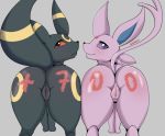  2019 absurd_res alesarox all_fours anus black_fur black_nose blush bodypaint butt clitoris duo eeveelution espeon female feral fluffy fluffy_tail forked_tail fur grey_background hi_res looking_at_viewer looking_back markings nintendo pok&eacute;mon pok&eacute;mon_(species) presenting presenting_anus presenting_hindquarters presenting_pussy purple_eyes purple_fur pussy raised_tail rear_view red_eyes simple_background smile snout take_your_pick umbreon video_games yellow_fur yellow_markings 