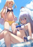  2girls absurdres ahoge alternate_costume alternate_hair_color armpit_peek azur_lane bangs bare_shoulders bikini blonde_hair blue_bikini blue_sky blush bow_bikini breasts cleavage cleveland_(azur_lane) closed_mouth cloud commentary day eating food frilled_bikini frills hair_between_eyes helena_(azur_lane) highres innertube jacket jacket_over_swimsuit karakushi light_smile long_hair looking_at_viewer looking_to_the_side medium_breasts multiple_girls navel one_side_up outdoors popsicle purple_eyes red_eyes silver_hair sitting sky small_breasts standing stomach sunlight swimsuit very_long_hair 