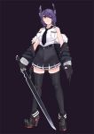  1girl black_gloves black_jacket black_legwear black_skirt breast_pocket breasts checkered checkered_neckwear eyepatch full_body gloves gradient gradient_background headgear highres jacket kantai_collection large_breasts looking_at_viewer necktie ojipon partly_fingerless_gloves pleated_skirt pocket purple_background purple_hair remodel_(kantai_collection) short_hair skirt solo standing sword tenryuu_(kantai_collection) thighhighs weapon yellow_eyes 