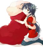  1girl bangs blue_hair blush capelet christmas commentary_request dress flower fur_trim gloves hair_between_eyes hair_flower hair_ornament hug kneeling long_hair looking_at_viewer love_live! love_live!_school_idol_festival love_live!_school_idol_project red_dress sack santa_costume simple_background smile solo sonoda_umi thighhighs totoki86 white_background yellow_eyes 