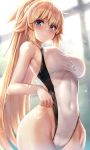 1girl adjusting_clothes adjusting_swimsuit bangs blonde_hair blue_eyes blurry blush bokeh breasts cameltoe collarbone commentary_request competition_swimsuit covered_navel cowboy_shot day depth_of_field eyebrows_visible_through_hair fate/grand_order fate_(series) hair_between_eyes hairband hand_on_own_thigh highleg highleg_swimsuit highres indoors jeanne_d&#039;arc_(fate)_(all) jeanne_d&#039;arc_(swimsuit_archer) large_breasts long_hair looking_at_viewer motokonut one-piece_swimsuit parted_lips ponytail sidelocks smile solo standing swimsuit very_long_hair wet wet_clothes whistle whistle_around_neck white_swimsuit 