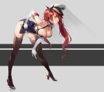  1girl ass azur_lane bangs bare_shoulders bent_over black_legwear black_ribbon blush breasts chain choker cleavage closed_mouth collarbone elbow_gloves eyebrows_visible_through_hair full_body garter_straps gloves grey_background hair_ribbon hand_on_hip hat high_heels highres honolulu_(azur_lane) large_breasts leaning_forward lips long_hair looking_afar military_hat olys peaked_cap red_eyes red_hair ribbon rudder_footwear side_slit sidelocks simple_background skindentation skirt sleeveless solo thighhighs twintails twitter_username v-shaped_eyebrows wavy_hair white_gloves white_headwear 