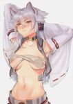  1girl animal_ears areola_slip areolae armor armpits arms_behind_head azur_lane breasts breasts_apart budget_sarashi choker collarbone commentary detached_sleeves english_commentary eyebrows_visible_through_hair grey_background hyuuga_(azur_lane) japanese_armor kote long_sleeves medium_breasts navel nipple_slip nipples orange_eyes sarashi shirtless simple_background smile smug solo stomach toned white_hair wide_sleeves wolf_ears zawijawa 