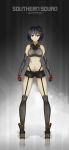  1girl absurdres bangs black_hair breasts closed_mouth elbow_gloves garter_straps gloves grey_background highres indy_k legs_apart looking_at_viewer medium_breasts midriff original over-kneehighs red_eyes short_hair short_shorts shorts solo standing thighhighs 