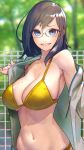  1girl bare_shoulders bikini blue_eyes breasts brown_hair cleavage commentary glasses grin highres hiragana_(gomasyabu) large_breasts looking_at_viewer mole mole_on_breast navel original smile smirk swimsuit taking_off tree yellow_bikini 