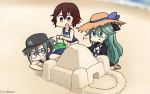  3girls adapted_costume amagiri_(kantai_collection) asymmetrical_bangs bangs baseball_cap beach bikini black_bikini black_headwear black_jacket black_ribbon blue_swimsuit brown_hair bucket commentary_request dated day glasses gradient_hair green_eyes green_hair grey_eyes grey_hair hair_between_eyes hair_ornament hair_ribbon hairclip hamu_koutarou hat highres jacket kantai_collection long_hair multicolored_hair multiple_girls mutsuki_(kantai_collection) name_tag outdoors parted_bangs ponytail red_hair ribbon sand sand_castle sand_sculpture school_swimsuit short_hair sidelocks straw_hat sun_hat swimsuit very_long_hair yamakaze_(kantai_collection) 