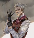  1boy adjusting_clothes adjusting_gloves artist_name black_gloves blue_eyes facial_hair fate/grand_order fate_(series) gloves grey_background grey_hair grin highres ikuyoan james_moriarty_(fate/grand_order) long_sleeves looking_at_viewer male_focus mustache red_neckwear red_vest simple_background smile upper_body vest 