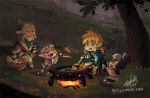  bettykwong blonde_hair blue_eyes carrot cooking cottla_(zelda) dorian_(zelda) fire koko_(zelda) link open_mouth pointy_ears sheikah sideburns smile the_legend_of_zelda the_legend_of_zelda:_breath_of_the_wild tree white_hair 