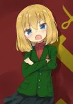  1girl bangs black_skirt blonde_hair blue_eyes blush coat crossed_arms emblem eyebrows_visible_through_hair fang gingerbullet girls_und_panzer green_coat head_tilt highres katyusha open_mouth pleated_skirt pravda_(emblem) pravda_school_uniform school_uniform short_hair skirt solo 