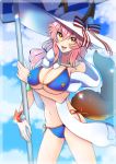  1girl akirai animal_ear_fluff animal_ears beach_umbrella bikini blue_bikini blush breasts cleavage collarbone commentary commentary_request eyebrows_visible_through_hair fate/grand_order fate_(series) fox_ears fox_girl fox_tail hat large_breasts looking_at_viewer ocean open_mouth outdoors parasol pink_hair side-tie_bikini solo sun_hat swimsuit tail tamamo_(fate)_(all) tamamo_no_mae_(swimsuit_lancer)_(fate) umbrella yellow_eyes 