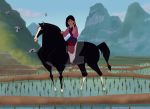  ambiguous_gender avian bird black_fur disney equid equine fa_mulan female feral fur horse human khan_(mulan) mammal mulan_(copyright) ohanamaila plant water watermark white_fur 