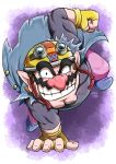  1boy big_nose brown_hair clenched_hand eyebrows fingerless_gloves fingernails fist goggles hair helmet koaraymt looking_at_viewer male male_focus mustache nintendo pointy_ears pose smile solo solo_focus super_smash_bros. teeth torn_clothes torn_clothing wario warioware 