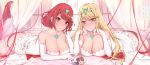  2girls ass bare_shoulders bed bed_sheet black_legwear black_panties blonde_hair blush breasts brown_hair butt_crack character_doll cleavage closed_mouth curtains day doll dress dual_persona earrings elbow_gloves eyebrows_visible_through_hair feet flower gem gloves hair_ornament headpiece heart highres hikari_(xenoblade_2) homura_(xenoblade_2) jewelry large_breasts long_hair lying morning_glory multiple_girls nintendo on_stomach panties red_eyes red_hair red_legwear red_panties rex_(xenoblade_2) rose sherryqq short_hair smile thighhighs tiara toes underwear very_long_hair wedding_dress white_background white_dress white_gloves window xenoblade_(series) xenoblade_2 yellow_eyes 
