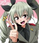  1girl anchovy anzio_military_uniform drill_hair epaulettes girls_und_panzer green_hair kirisaki_reina long_hair long_sleeves one_eye_closed open_mouth pointing red_eyes smile solo teeth tongue twin_drills 