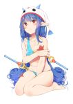  1girl agnamore barefoot bikini blue_bikini blue_hair blush breasts character_request collarbone copyright_request eyebrows_visible_through_hair full_body highres long_hair looking_up navel pointy_ears red_eyes simple_background sitting small_breasts solo swimsuit very_long_hair wariza white_background white_headwear 